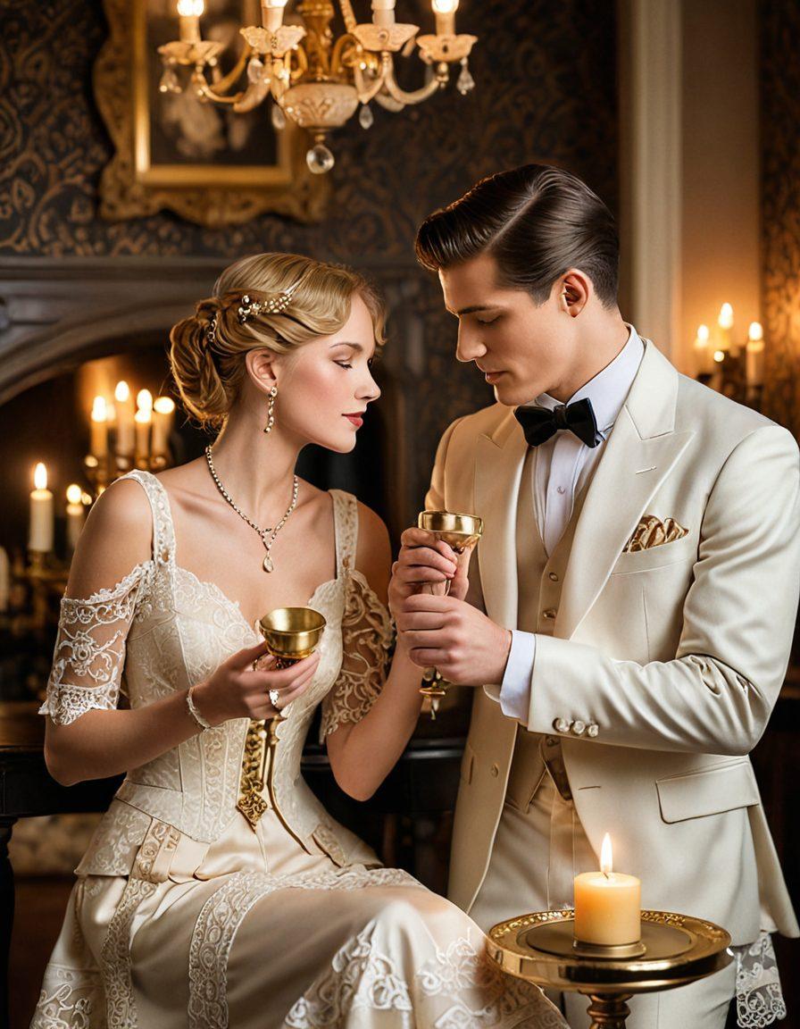 A romantic vintage scene featuring a couple elegantly dressed in 1920s attire, surrounded by soft candlelight and ornate decor, with a classic gramophone playing in the background. The atmosphere is filled with a sense of timeless charm and allure, showcasing subtle gestures of seduction like a hand lightly grazing a shoulder. Add a warm color palette with hints of gold and lace details to enhance the vintage vibe. painting. warm colors. soft focus.