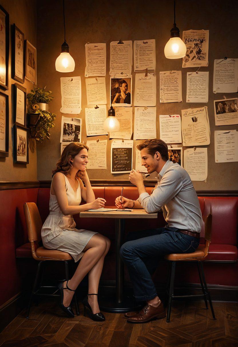 A couple engaged in a playful and intense conversation in a cozy, dimly lit cafe, illustrating classic dating strategies with subtle body language cues. Surround them with vintage decor like retro posters and soft lighting to evoke a romantic atmosphere. Include an open notebook with handwritten notes on seduction techniques nearby. Capture the emotions of connection and flirtation. super-realistic. warm color palette. cozy ambiance.