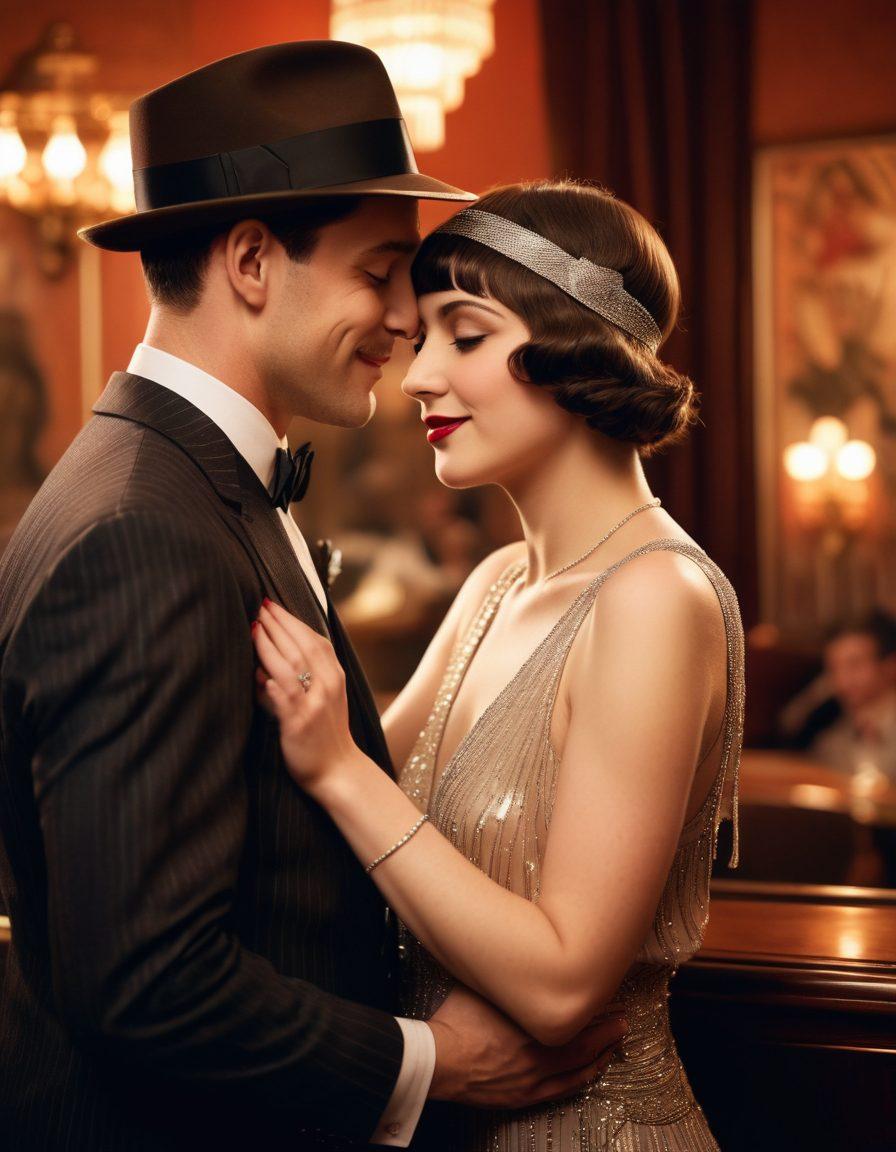 A vintage-inspired scene depicting a confident, stylish couple engaged in flirtation at a dimly lit 1920s jazz club, with retro elements like flapper dresses and fedoras. The couple is leaning close, exchanging playful glances and subtle gestures that evoke romance. Background features a lively band playing soft tunes, and soft colorful lights casting a warm glow. Art Deco motifs and elegant furniture add to the nostalgic atmosphere. super-realistic. warm colors. vintage style.